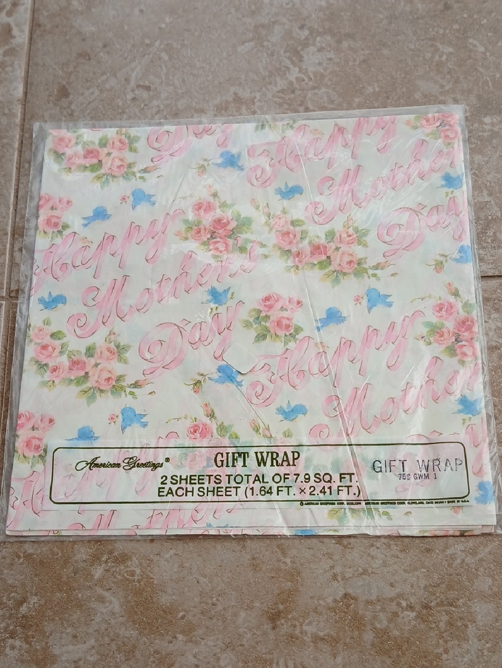 Vintage American Greetings Pink Floral & Blue Bird Mother's Day Gift Wrap